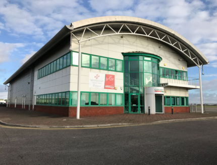 A photograph of the main Cardiff Heliport building