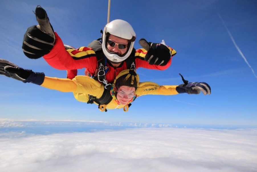 A picture of two men doing a tandem skydive for the charity